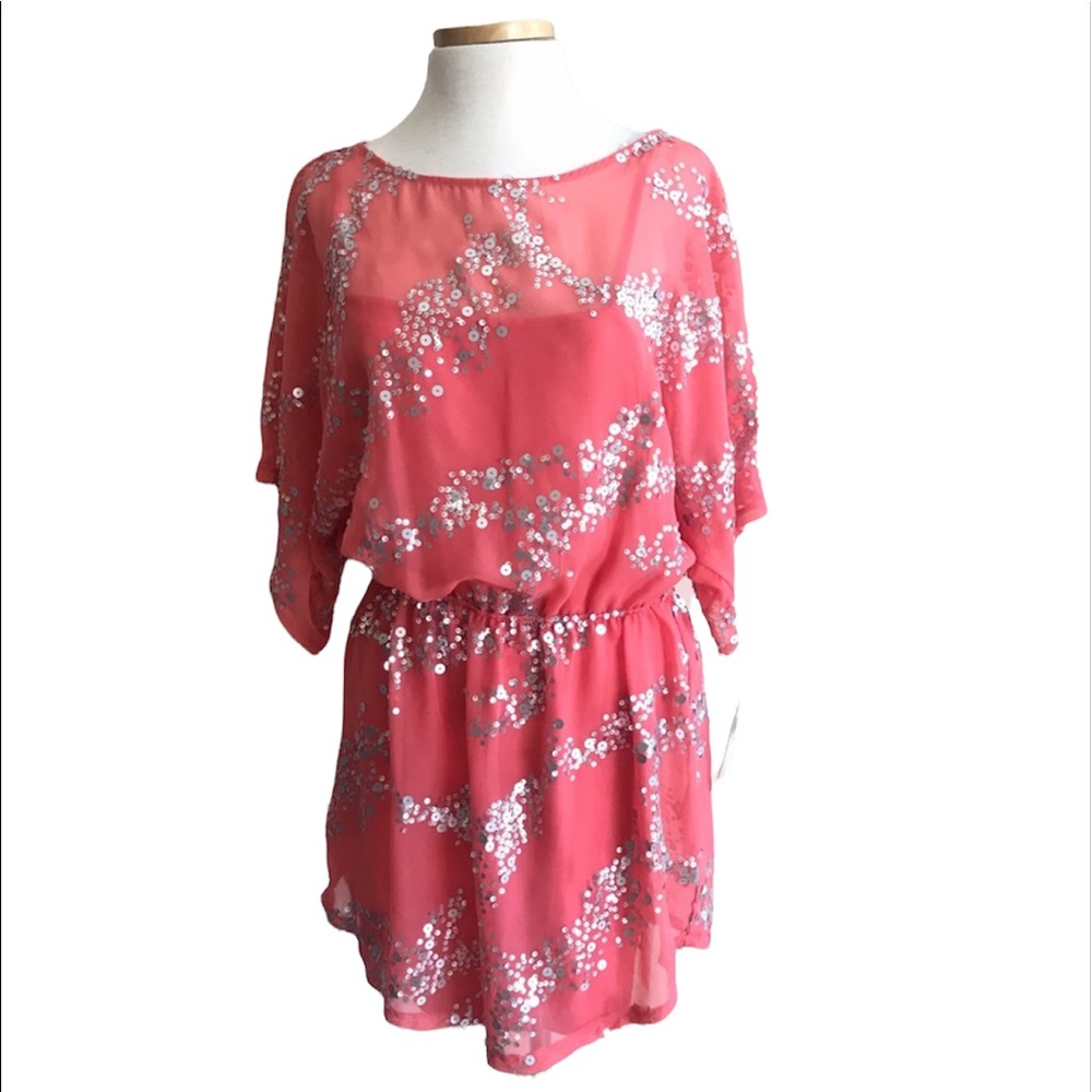 Aqua Chiffon Blouson Silver Sequin Short Sleeves Mini Dress Coral Pink Sze L NWT
